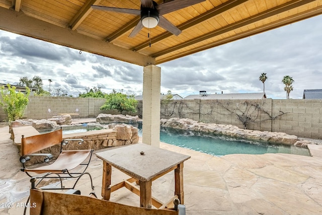 view of patio featuring a fenced in pool, a ceiling fan, and a fenced backyard