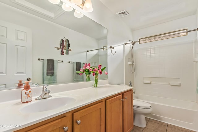 bathroom featuring vanity, toilet, bathing tub / shower combination, tile patterned floors, and visible vents