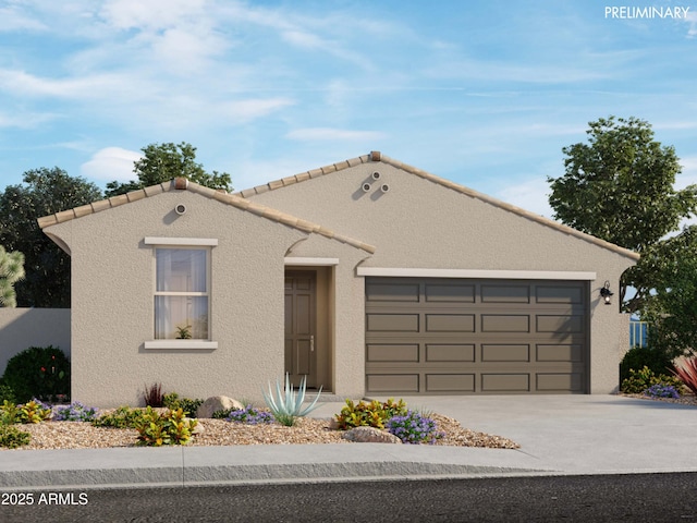 17316 W Eva St, Waddell, AZ 85355 - mediterranean / spanish house with an attached garage, driveway, stucco siding, and a tile roof