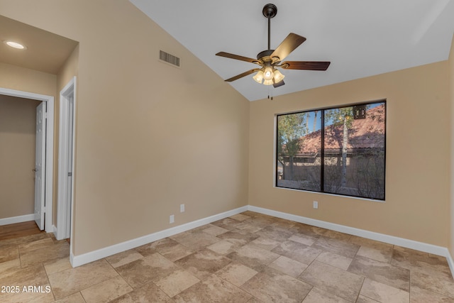 15232 S 36th Pl, Phoenix, AZ 85044 - spare room with light stone finish flooring, baseboards, ceiling fan, high vaulted ceiling, and recessed lighting