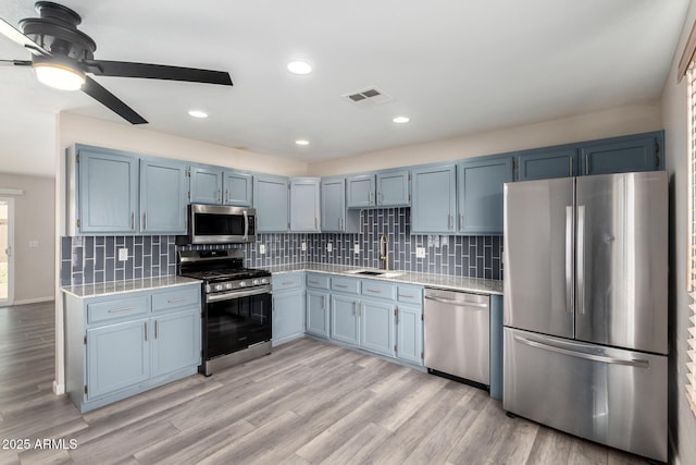 2914 W Marlette Ave, Phoenix, AZ 85017 - kitchen with a sink, appliances with stainless steel finishes, blue cabinetry, and light countertops