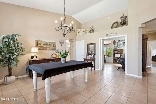 4401 E Barwick Dr, Cave Creek, AZ 85331 - recreation room featuring light tile patterned flooring, a chandelier, high vaulted ceiling, and baseboards