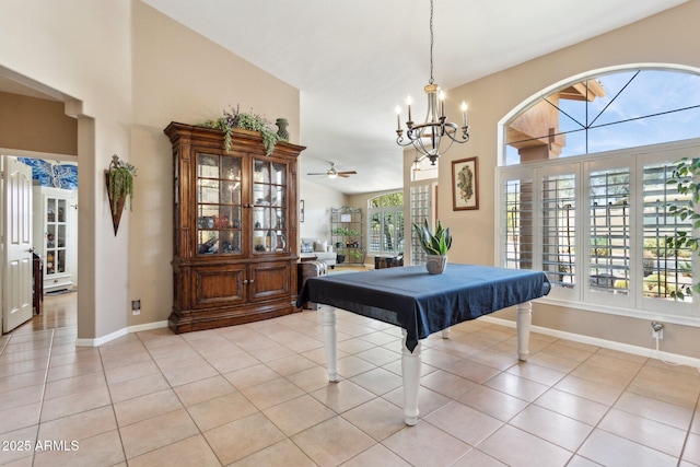 4401 E Barwick Dr, Cave Creek, AZ 85331 - rec room with light tile patterned floors, billiards table, baseboards, ceiling fan, and a chandelier