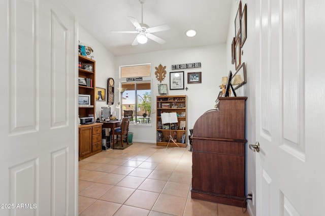 4401 E Barwick Dr, Cave Creek, AZ 85331 - office with ceiling fan, light tile patterned flooring, built in desk, and recessed lighting