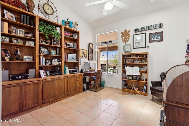 4401 E Barwick Dr, Cave Creek, AZ 85331 - office space featuring a ceiling fan, light tile patterned floors, high vaulted ceiling, and baseboards