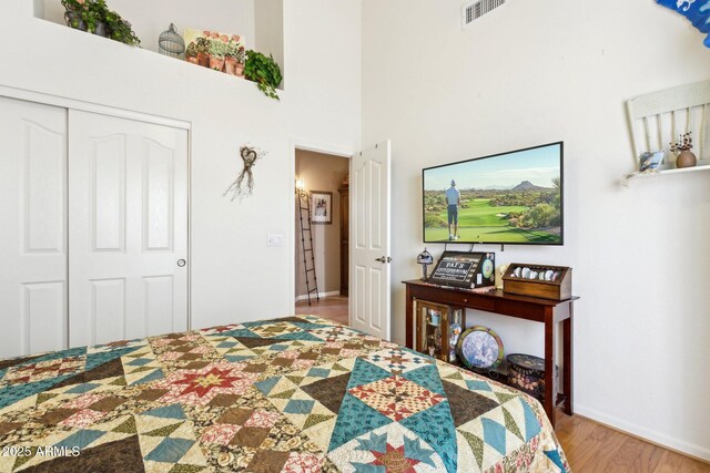4401 E Barwick Dr, Cave Creek, AZ 85331 - bedroom with wood finished floors, a closet, baseboards, and a towering ceiling