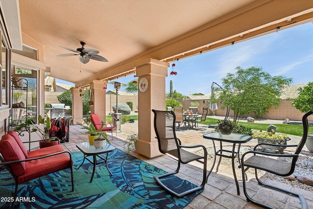4401 E Barwick Dr, Cave Creek, AZ 85331 - fenced backyard with a ceiling fan, outdoor dining area, and a patio