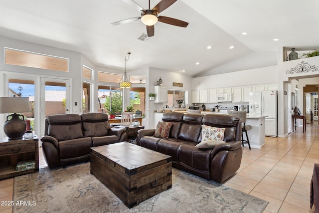 4401 E Barwick Dr, Cave Creek, AZ 85331 - living area with ceiling fan, light tile patterned floors, high vaulted ceiling, and recessed lighting
