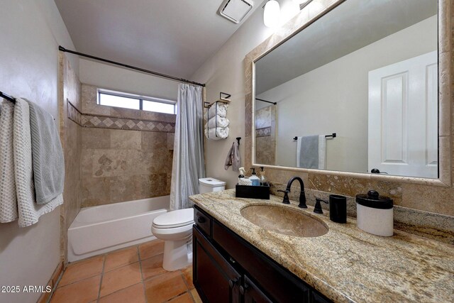 bathroom with toilet, shower / bathtub combination with curtain, tile patterned flooring, and vanity