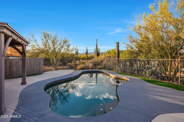 view of swimming pool featuring a fenced backyard, a patio area, and a jacuzzi