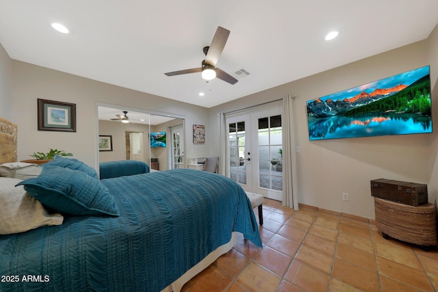 bedroom featuring french doors, access to exterior, a ceiling fan, baseboards, and recessed lighting