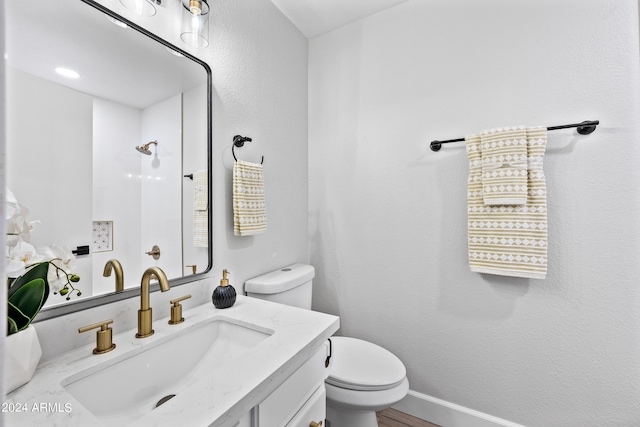 bathroom with wood-type flooring, vanity, and toilet