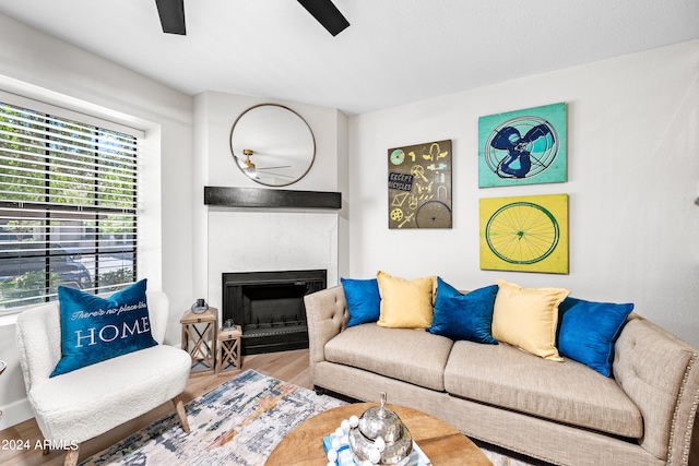 living room with ceiling fan and hardwood / wood-style flooring