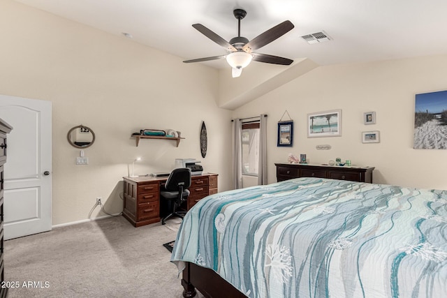 bedroom featuring a ceiling fan, light carpet, lofted ceiling, baseboards, and visible vents