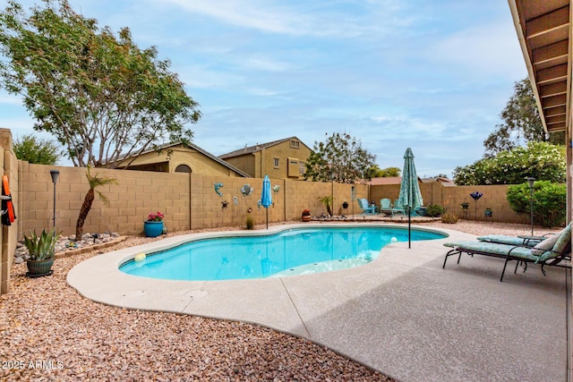 view of swimming pool with a fenced backyard, a fenced in pool, and a patio area