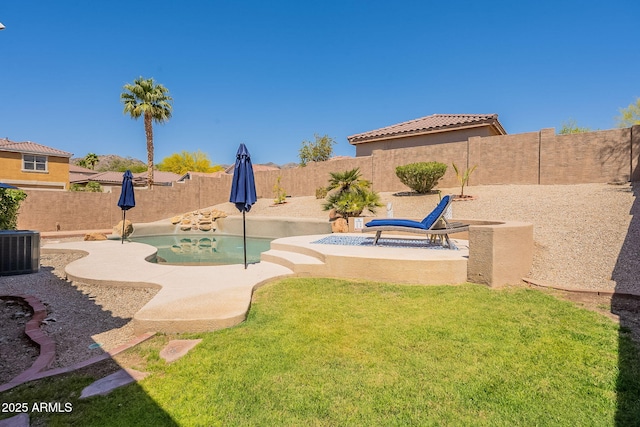 1702 W Wildwood Dr, Phoenix, AZ 85045 - view of yard with a fenced backyard, a fenced in pool, cooling unit, and a patio