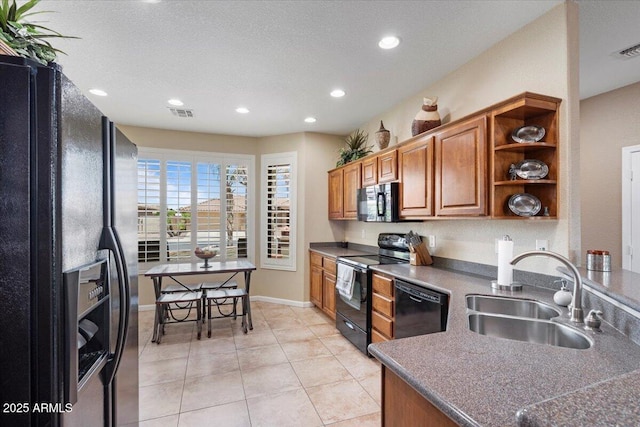 11025 E Nichols Ave, Mesa, AZ 85209 - kitchen featuring black appliances, a sink, open shelves, brown cabinets, and recessed lighting