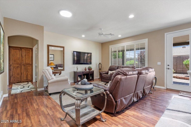 11025 E Nichols Ave, Mesa, AZ 85209 - living area with light wood-style floors, baseboards, recessed lighting, ceiling fan, and arched walkways