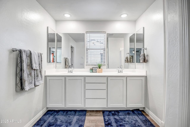 bathroom featuring double vanity, wood finished floors, baseboards, and a sink