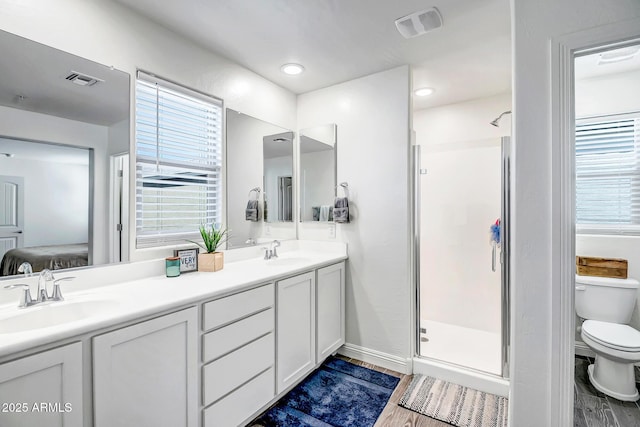 full bathroom featuring a shower stall, toilet, and a sink