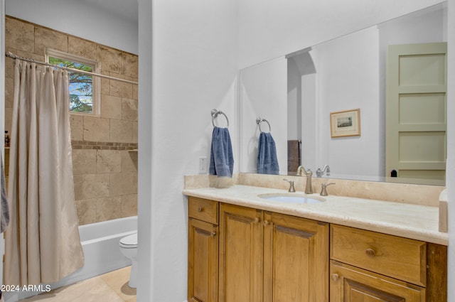 full bathroom featuring vanity, tile patterned flooring, toilet, and shower / bathtub combination with curtain