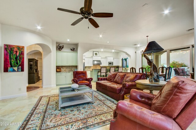 3129 S Honeysuckle Ct, Gold Canyon, AZ 85118 - living room with a ceiling fan, recessed lighting, arched walkways, and visible vents