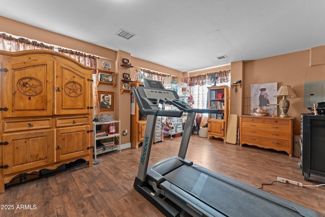 exercise area with dark hardwood / wood-style flooring and electric panel