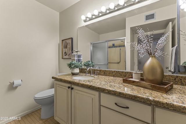 full bathroom with visible vents, a stall shower, baseboards, toilet, and vanity