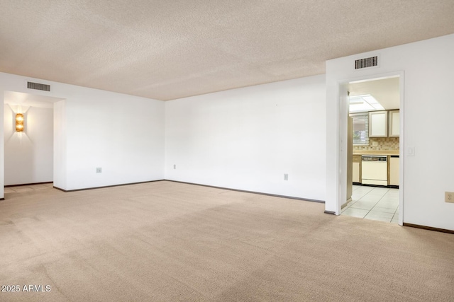 spare room featuring light carpet and a textured ceiling