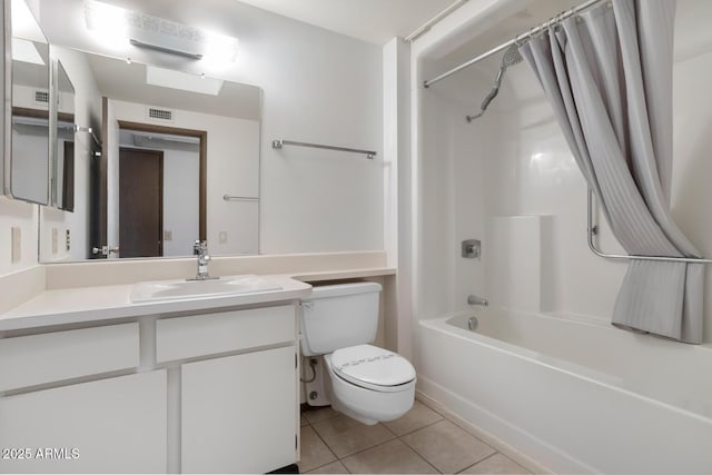 full bathroom with vanity, shower / bath combination with curtain, tile patterned floors, and toilet