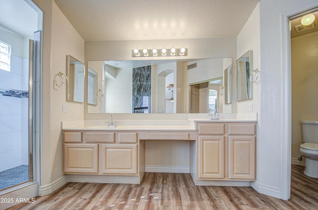 bathroom featuring baseboards, toilet, double vanity, wood finished floors, and a sink