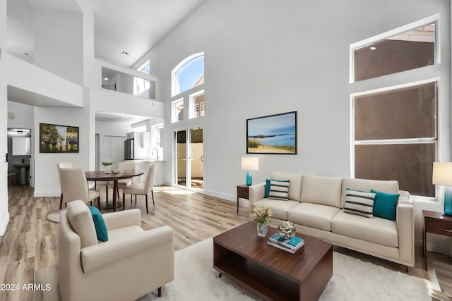 living room with light hardwood / wood-style flooring and high vaulted ceiling