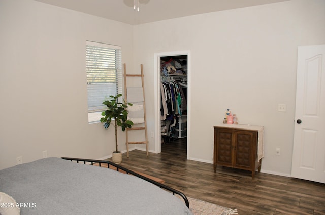 bedroom with dark wood-type flooring, a spacious closet, and a closet