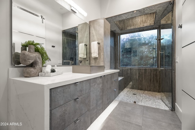 bathroom with vanity and walk in shower