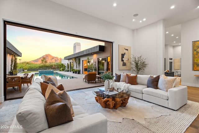 living room featuring a mountain view and wood-type flooring