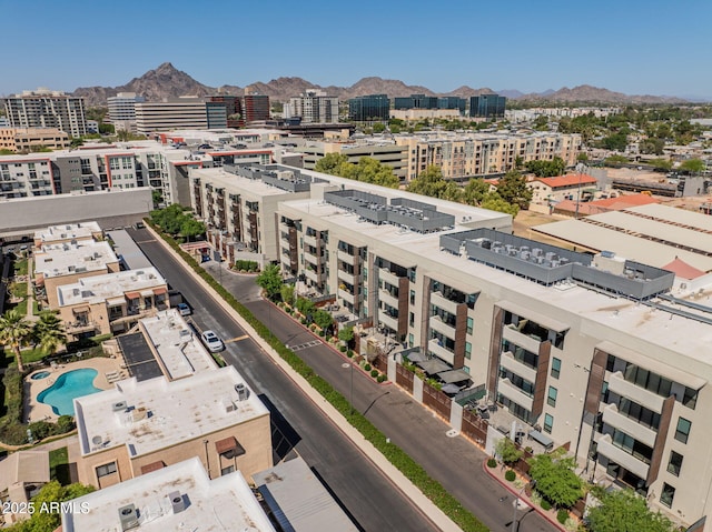 bird's eye view with a view of city and a mountain view