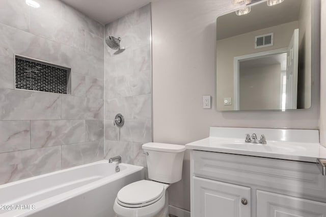 full bathroom with vanity, shower / tub combination, toilet, and visible vents