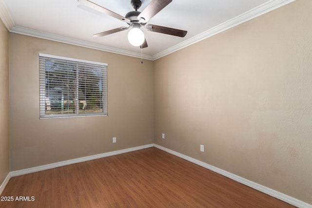 unfurnished room with hardwood / wood-style flooring, ceiling fan, and crown molding