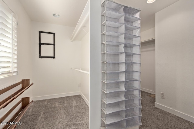 spacious closet with dark colored carpet