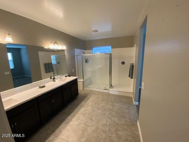 bathroom with double vanity, a healthy amount of sunlight, a shower stall, and a sink