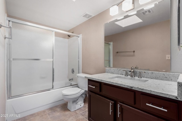 bathroom with toilet, enclosed tub / shower combo, visible vents, and tile patterned floors