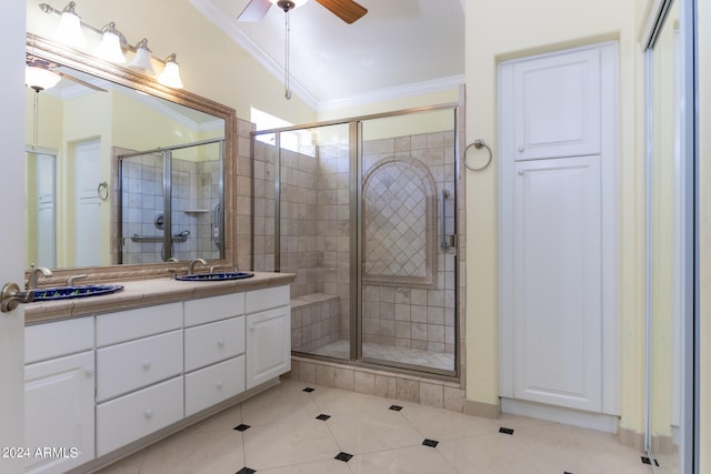 bathroom with vanity, tile patterned flooring, ceiling fan, ornamental molding, and a shower with door