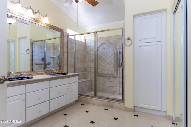 full bath with ornamental molding, a stall shower, tile patterned floors, and a ceiling fan