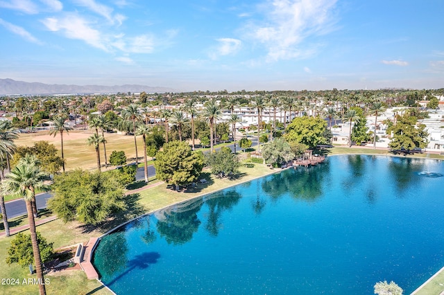 aerial view featuring a water and mountain view and a residential view