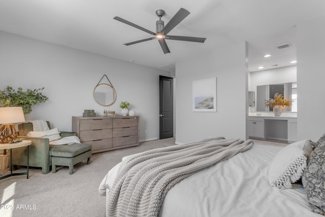 bedroom featuring ceiling fan, visible vents, light colored carpet, connected bathroom, and recessed lighting