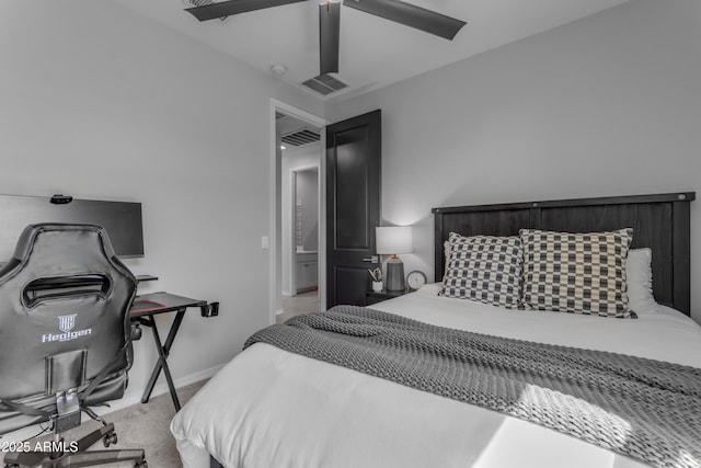 bedroom with baseboards, visible vents, ceiling fan, and carpet