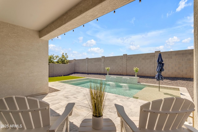 view of swimming pool with a fenced backyard, a fenced in pool, a hot tub, and a patio area