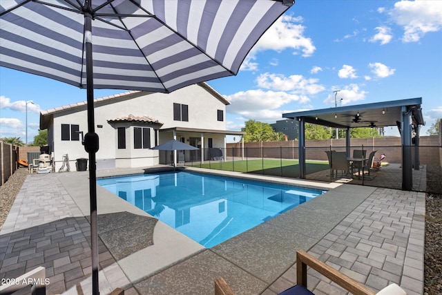 19002 N 25th Pl, Phoenix, AZ 85050 - view of pool featuring a patio area, a fenced backyard, and a ceiling fan