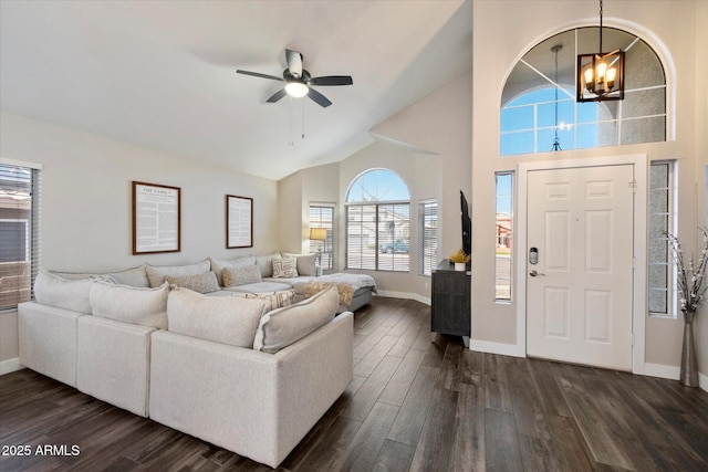 19002 N 25th Pl, Phoenix, AZ 85050 - living area with dark wood-type flooring, a chandelier, a ceiling fan, and high vaulted ceiling