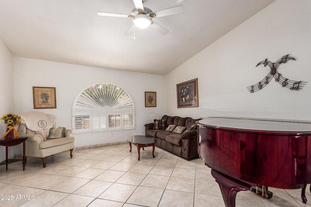 400 W Crofton St, Chandler, AZ 85225 - living area with lofted ceiling, a ceiling fan, and light tile patterned floors